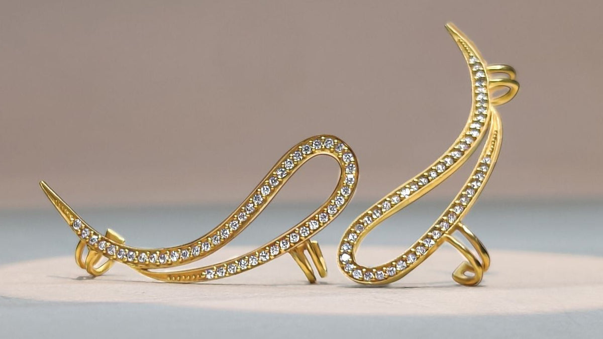 Celebrity Fancy Earring with Curved Gold Ear Cuff Design