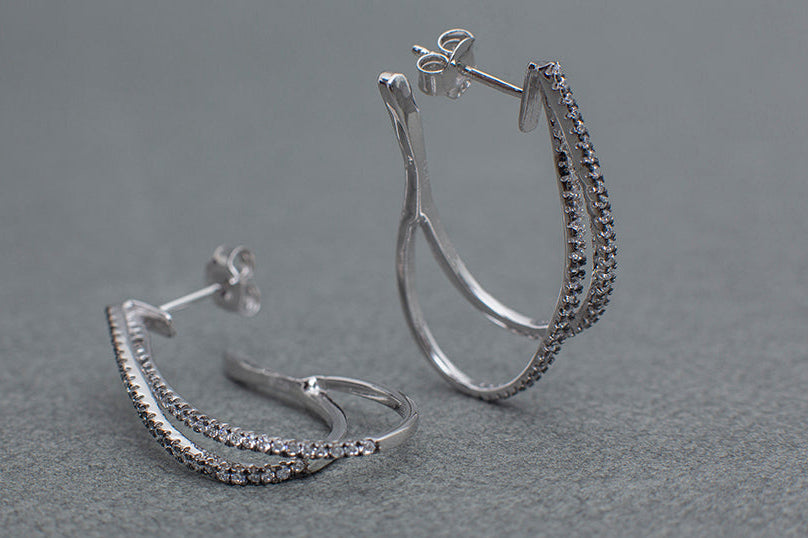 Double Line Trendy Earrings for Women with Pave Crystal Hoop Design
