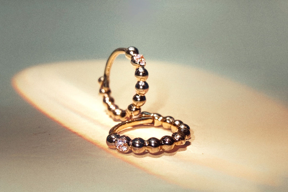 Silver Hoops Earrings with Black Beaded CZ Accent
