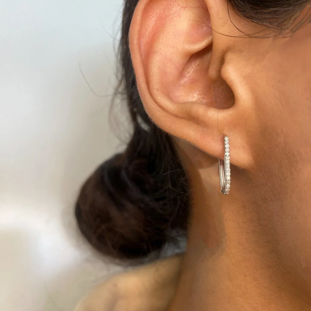 Rhodium Plated Sterling Silver Hoops Studded With Natural Diamonds