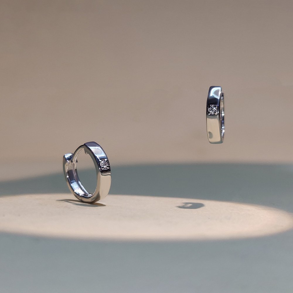 Rhodium Plated Sterling Silver Hoops Studded with White cz