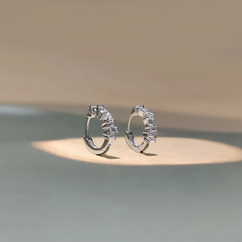 baguette diamond hoop earrings in sterling silver